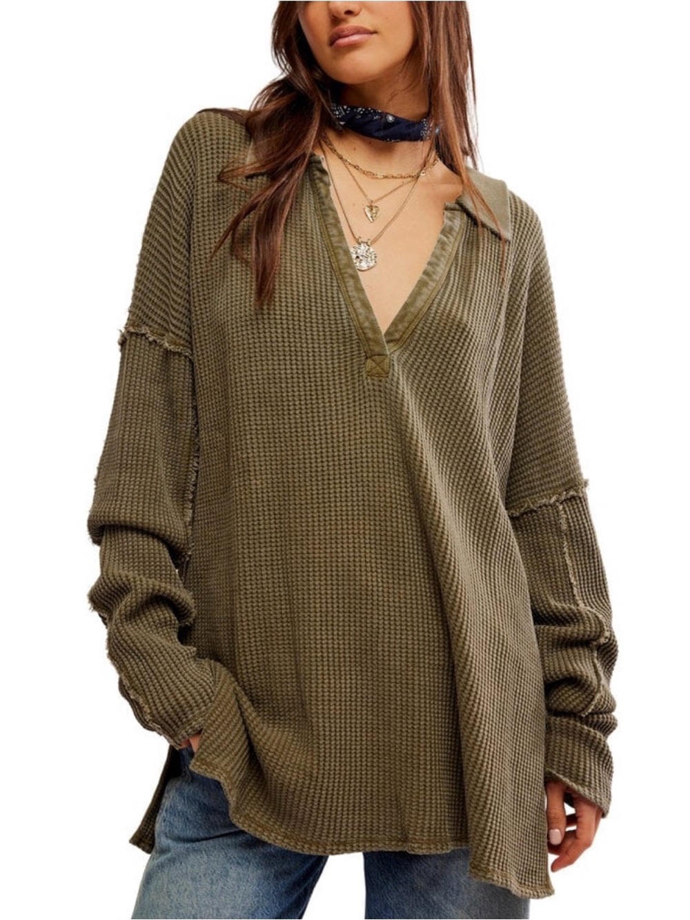 We The Free Travis oversized thermal waffle-knit polo top